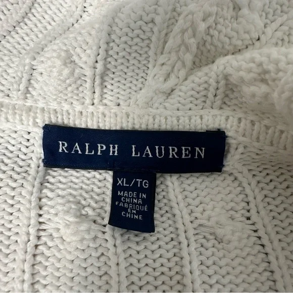 Vtg Ralph Lauren Cable Knit Full Zip Hoodie Sweater Womens XL White Preppy READ - Picture 10 of 13